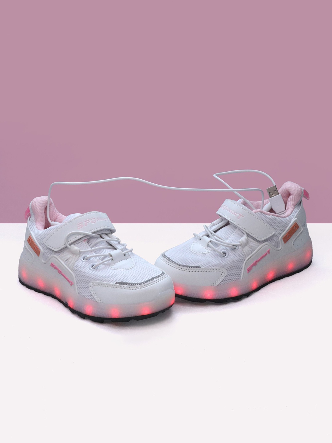 

FEETWELL SHOES Unisex Kids Lightweight Woven Design Sneakers With USB Rechargeable LED, White