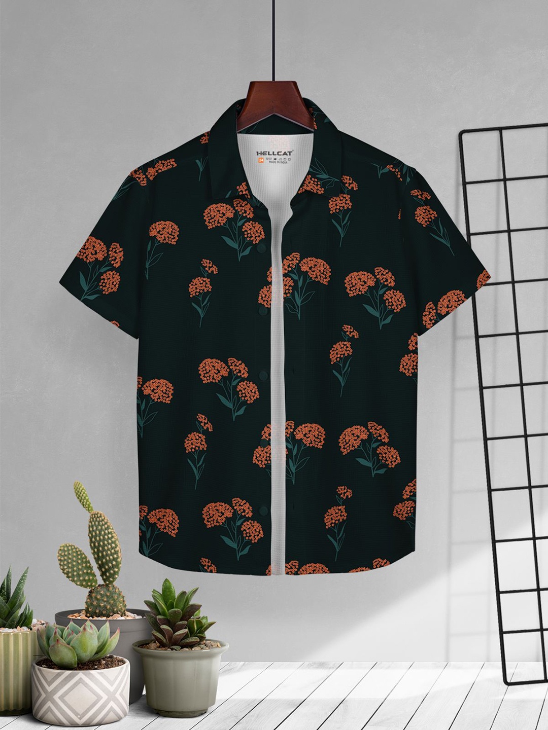 

HELLCAT Boys Floral Cotton Curved Hemline Opaque Casual Shirt, Green