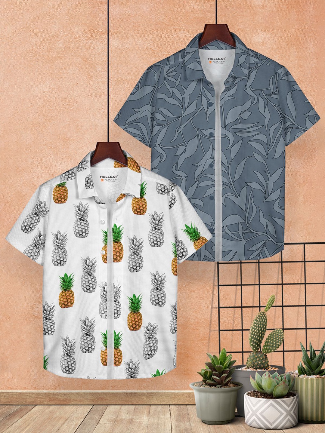 

HELLCAT Boys Cotton Floral Opaque Printed Casual Shirt Pack of 2, Grey
