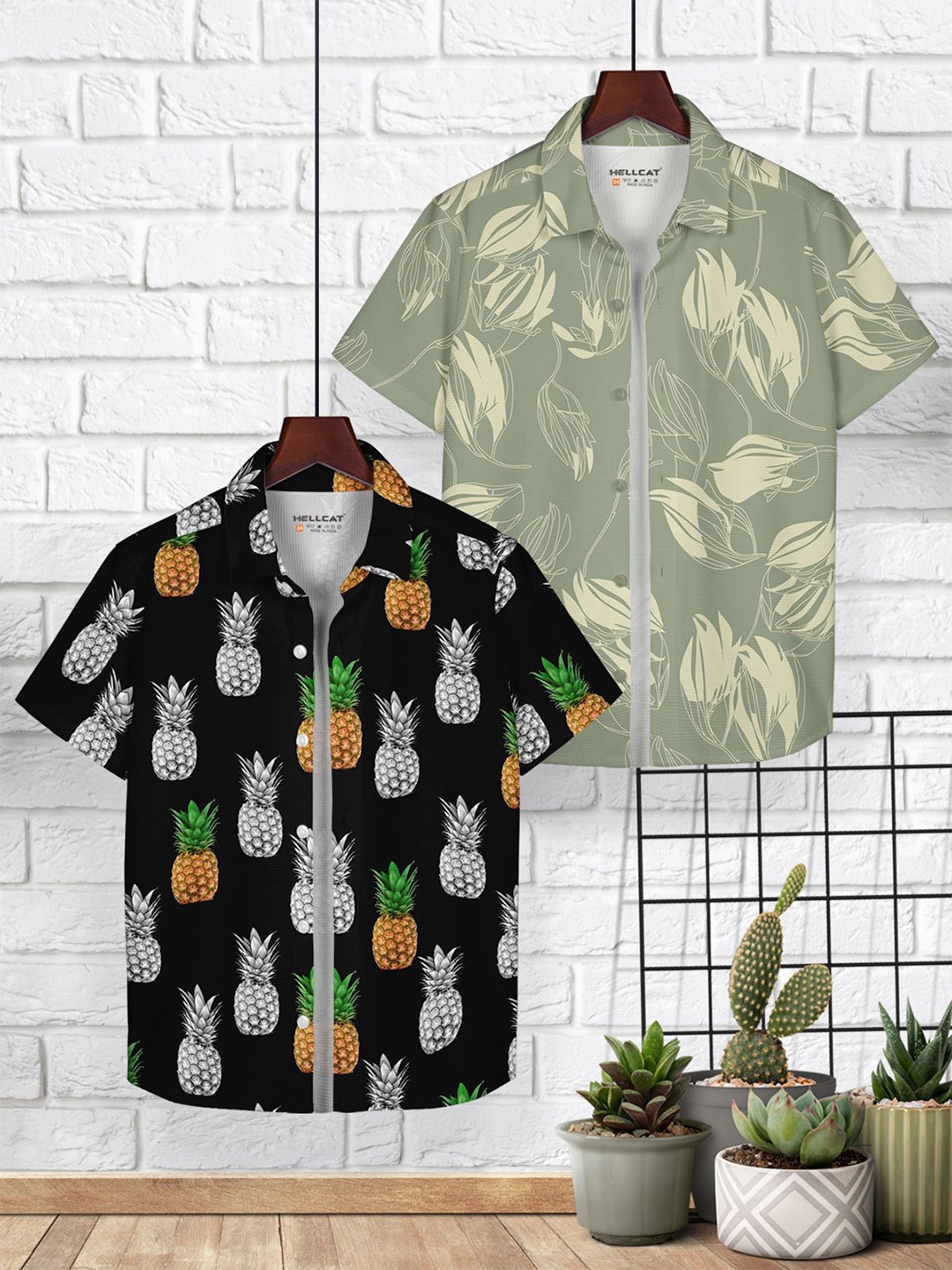 

HELLCAT Boys Pack of 2 Floral Opaque Checked Casual Shirt, Green