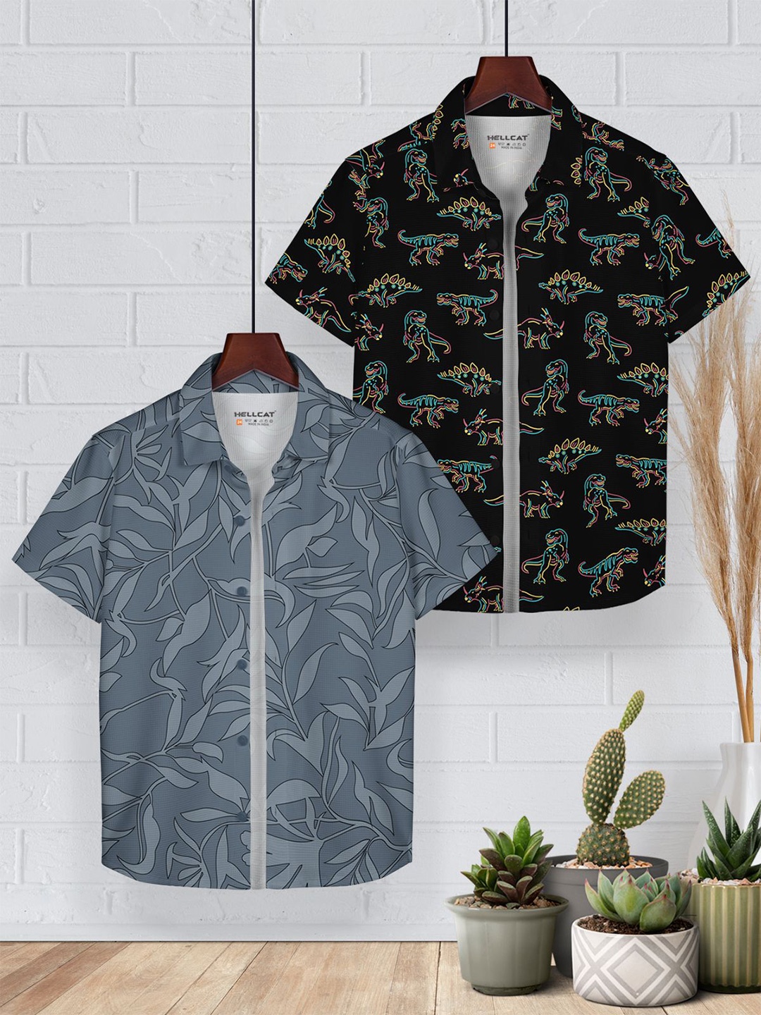 

HELLCAT Boys Pack of 2 Floral Opaque Checked Casual Shirt, Grey
