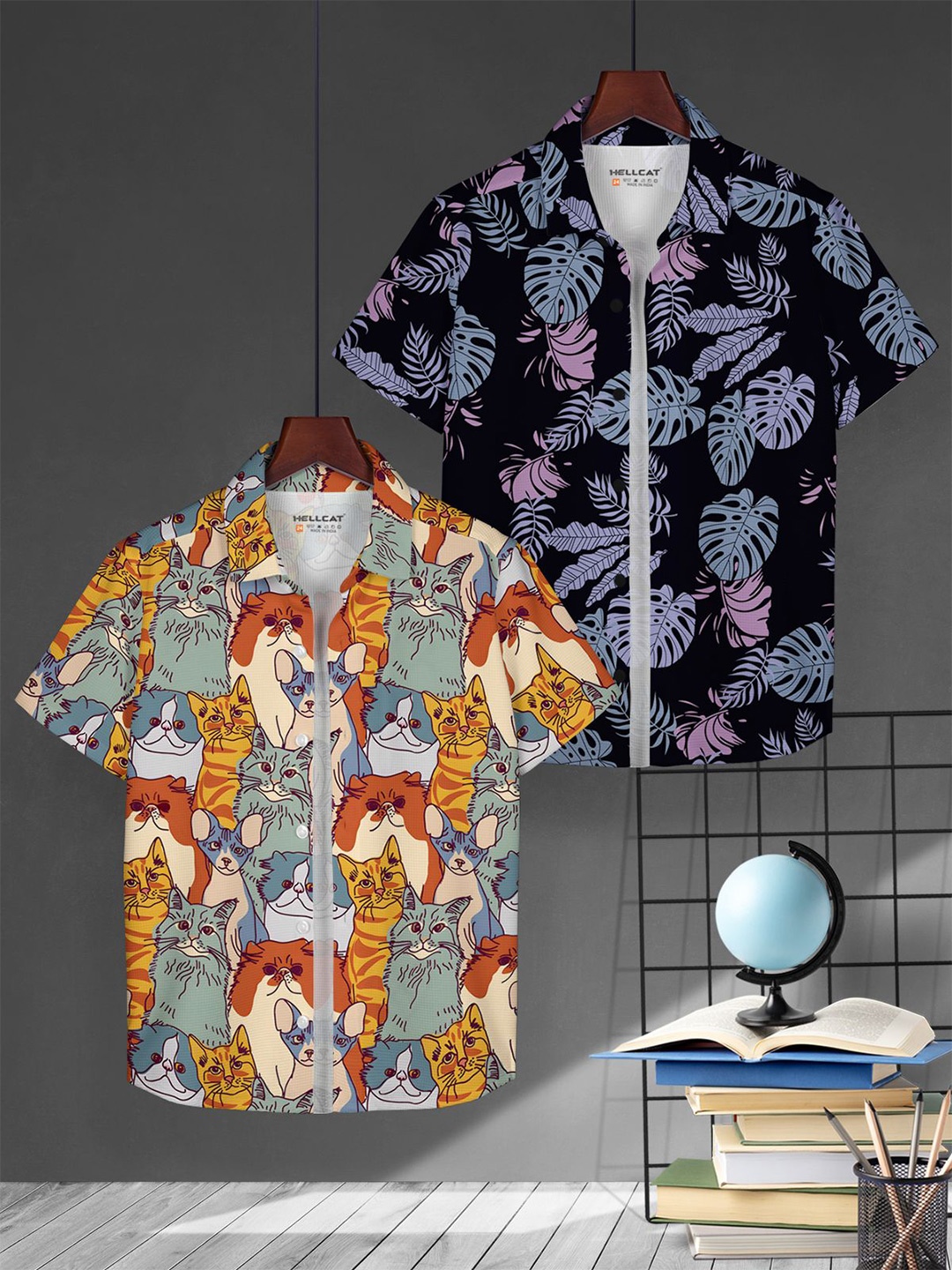 

HELLCAT Boys Pack of 2 Floral Opaque Printed Casual Shirt, Black