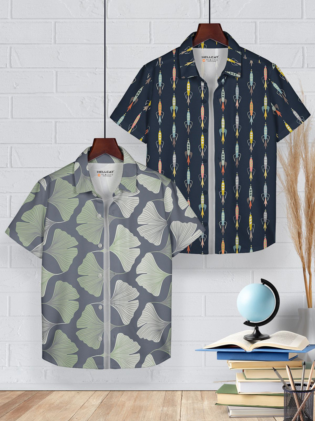 

HELLCAT Boys Pack of 2 Cotton Opaque Printed Casual Shirt, Black