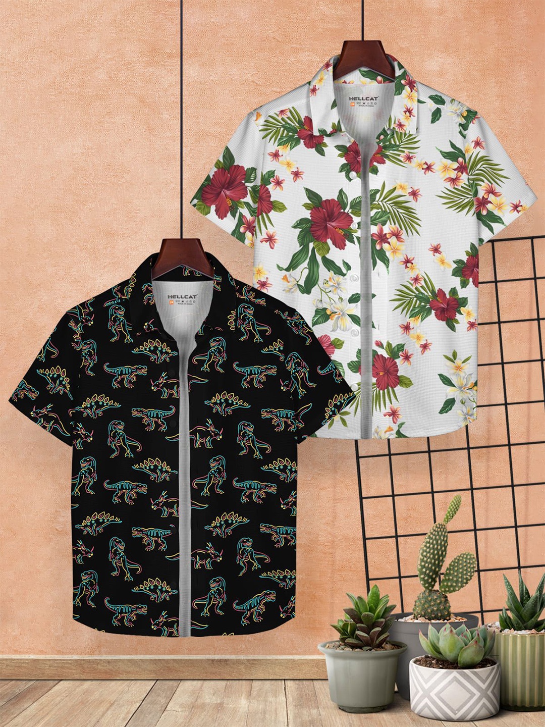

HELLCAT Boys Pack of 2 Cotton Conversational Opaque Printed Casual Shirt, Black