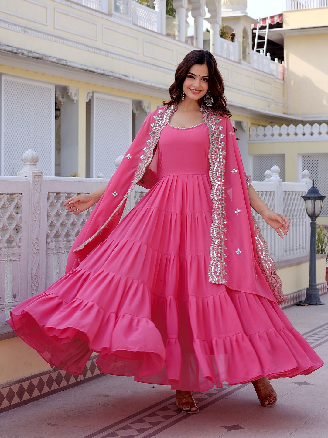 

Fashionuma Embroidered Flared Maxi Ethnic Dress With Dupatta, Pink