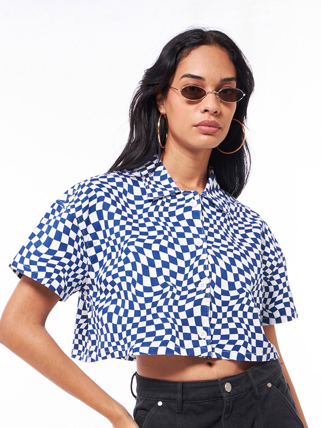 

Bewakoof Women Checked Oversized Short Sleeves Crop Casual Shirt, Blue