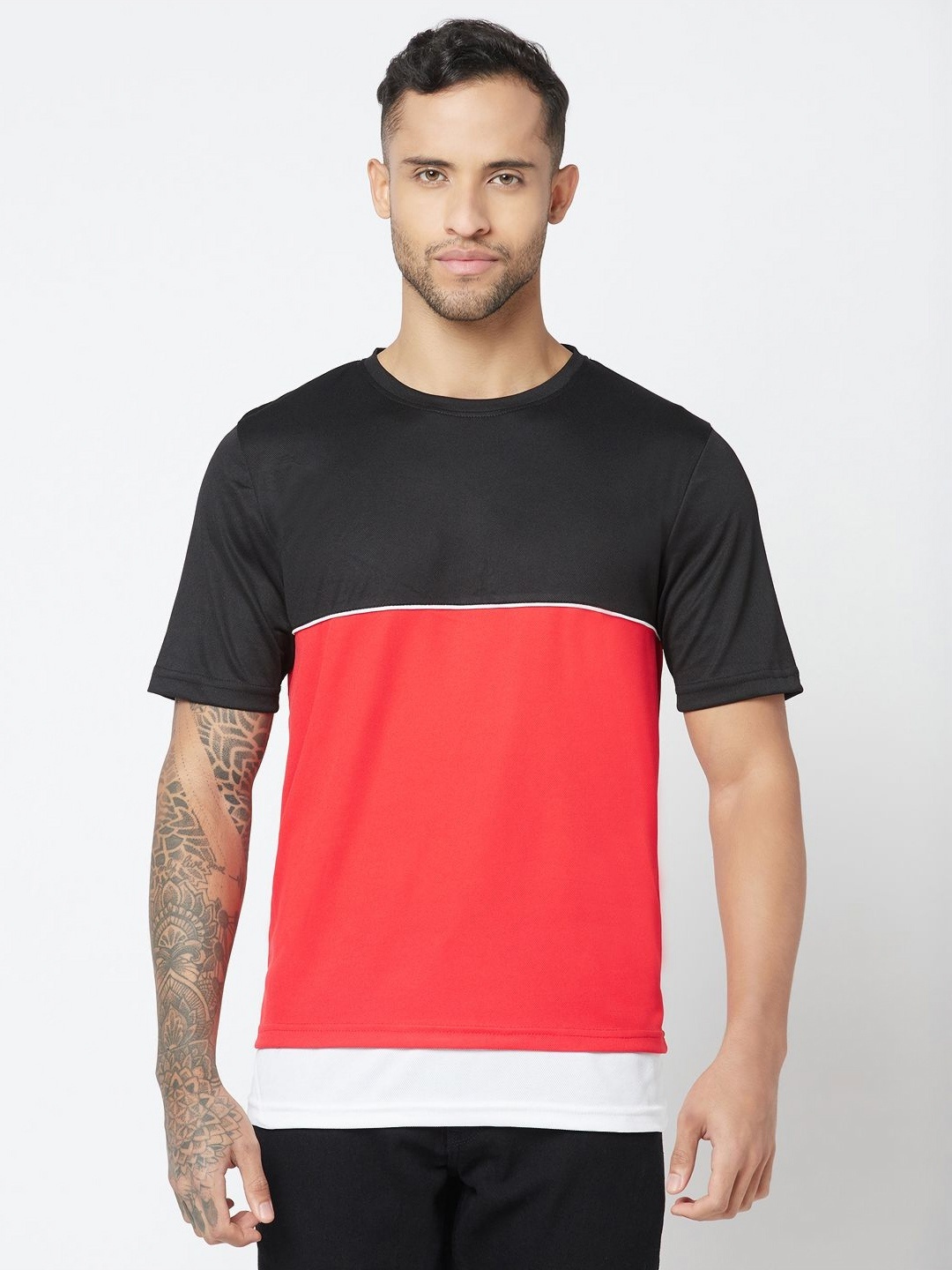 

GLITO Men Colourblocked Round Neck Polyester T-Shirt, Red