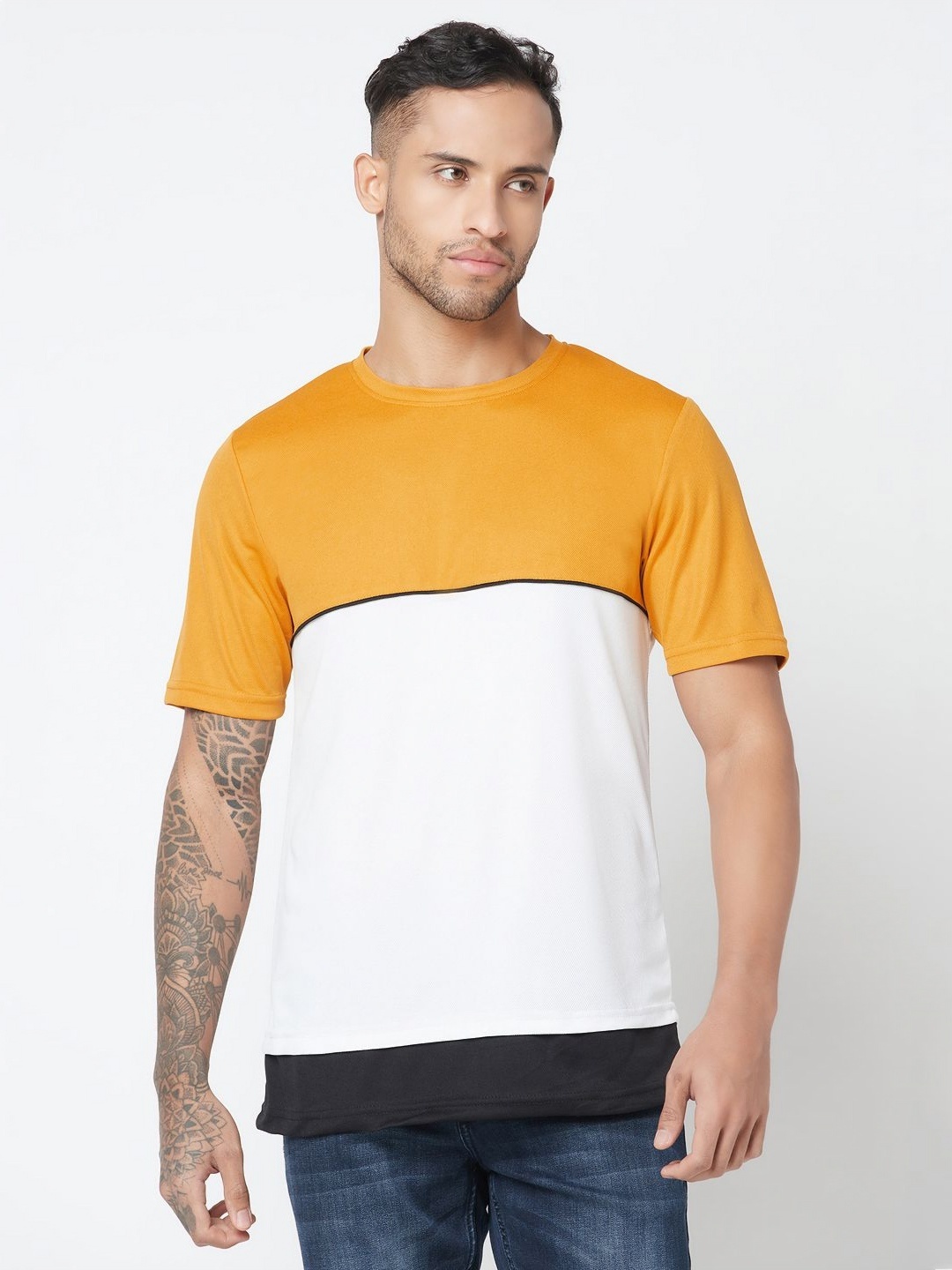 

GLITO Men Colourblocked Round Neck Polyester T-Shirt, White