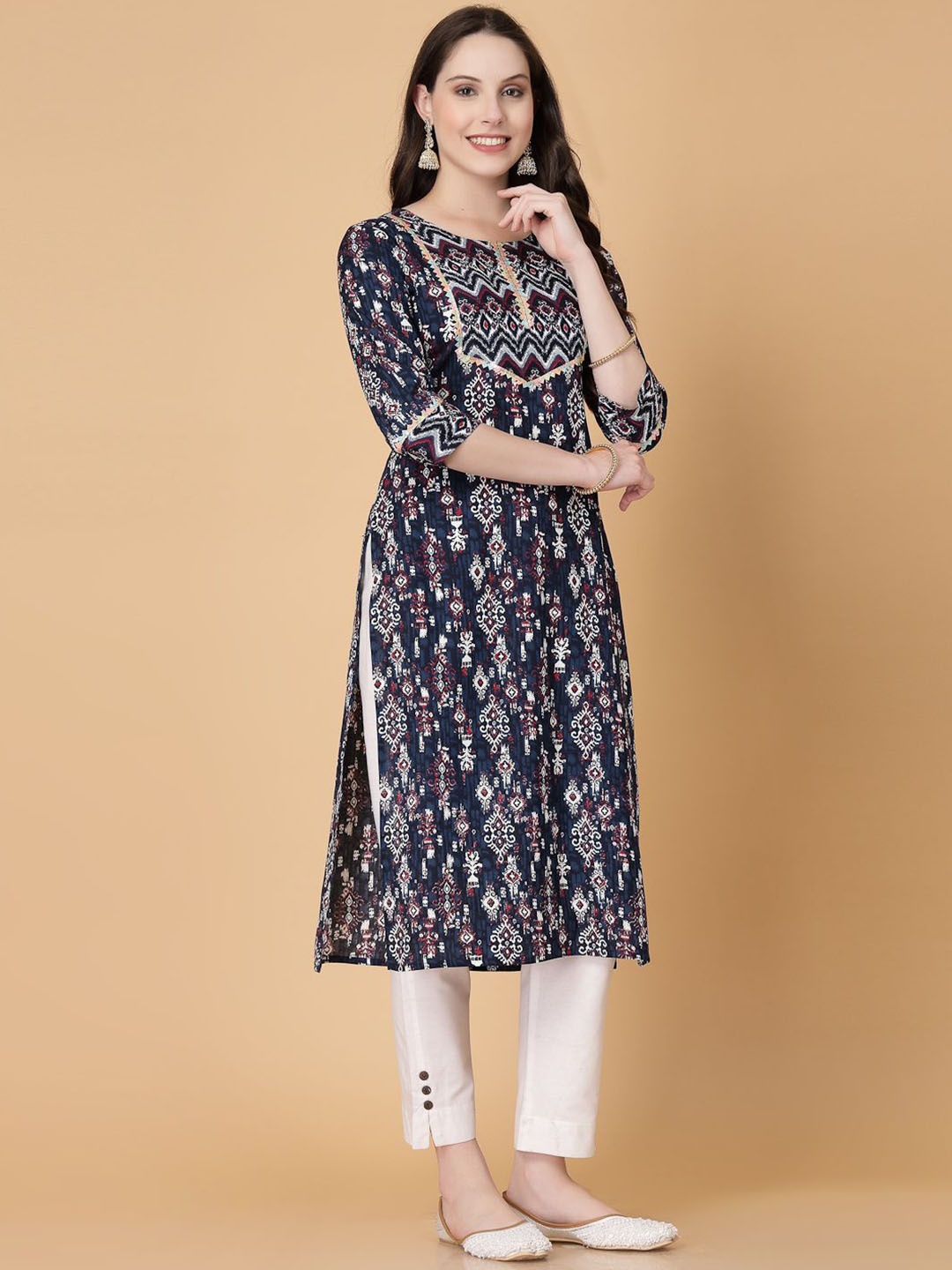 

God Bless Ethnic Motifs Printed Sequinned Straight Kurta, Navy blue