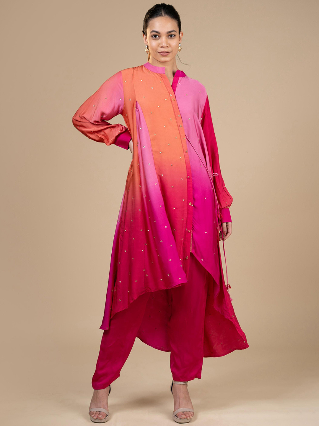 

House Of Dharaa Dyed Mandarin Collar Puff Sleeves A-Line Kurta with Trousers, Pink