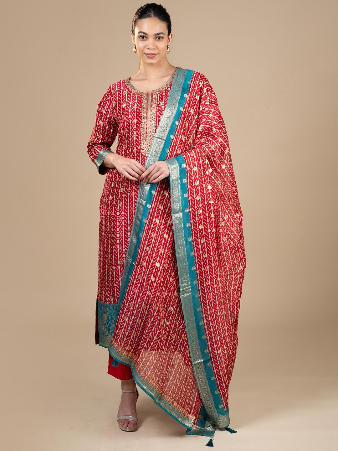 

House Of Dharaa Geometric Printed Thread Work Organza Kurta with Trousers & Dupatta, Red