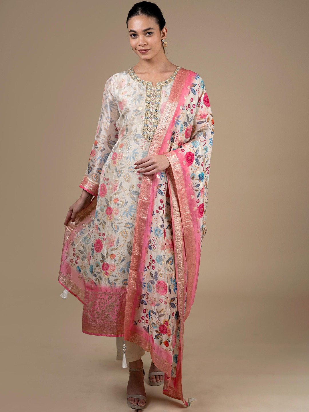 

House Of Dharaa Floral Printed Thread Work Organza Kurta with Trousers & Dupatta, Cream