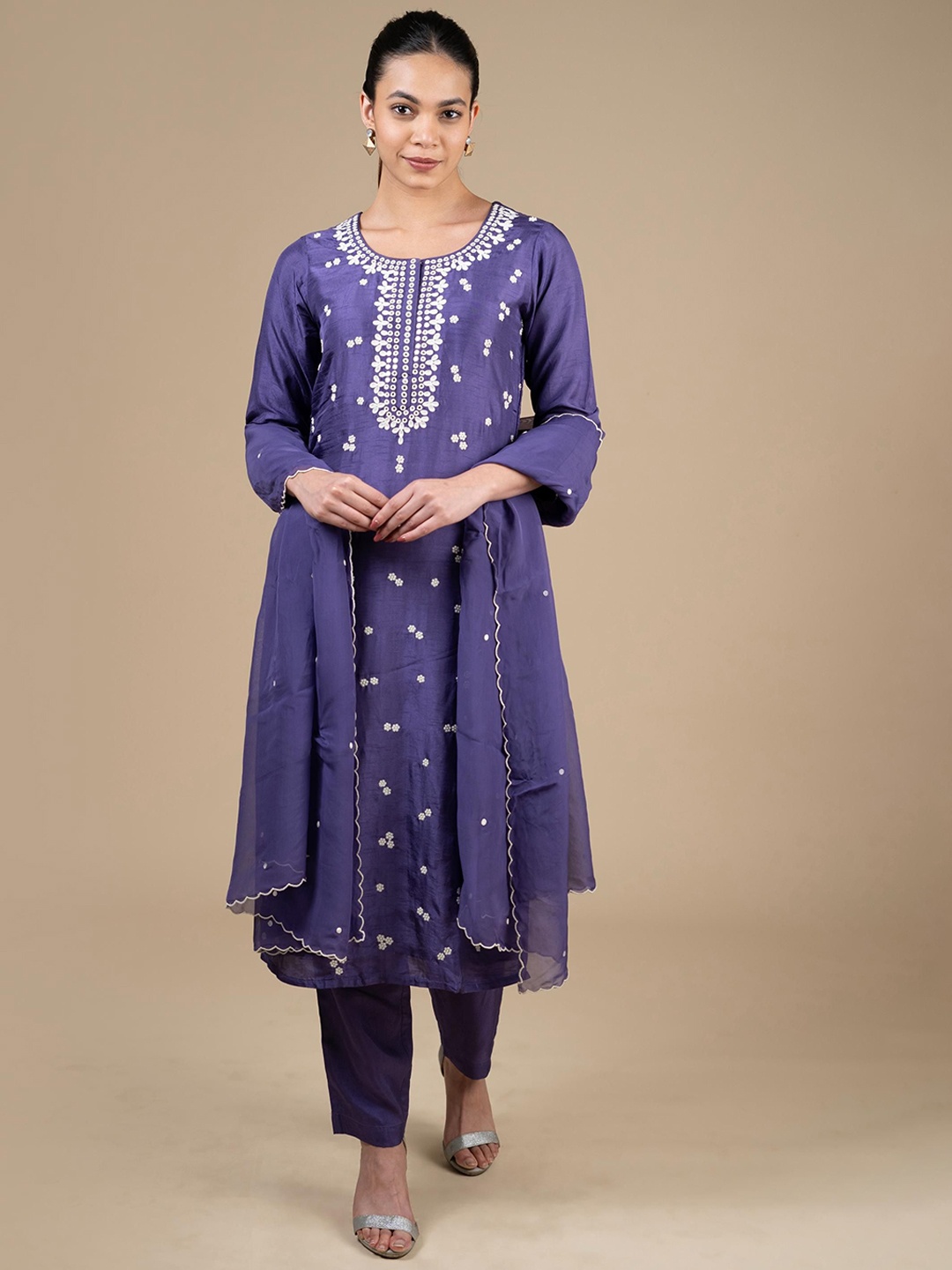 

House Of Dharaa Floral Embroidered Pure Silk Straight Kurta with Trousers & Dupatta, Purple