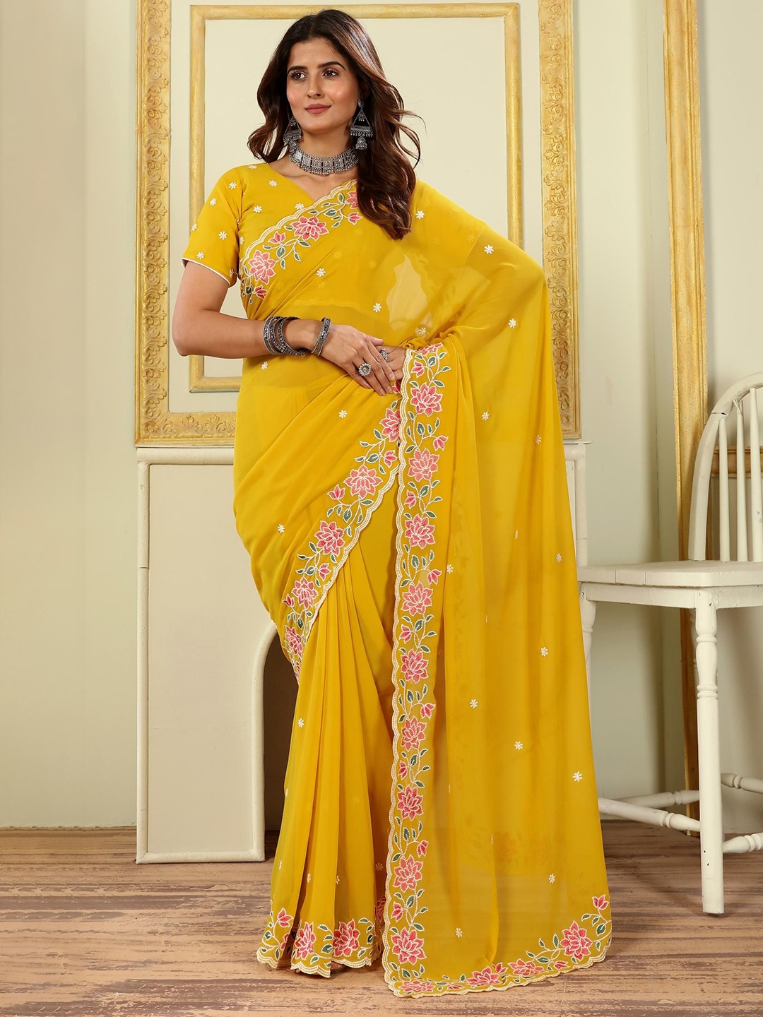 

PATLANI STYLE Floral Embroidered Pure Georgette Saree, Yellow