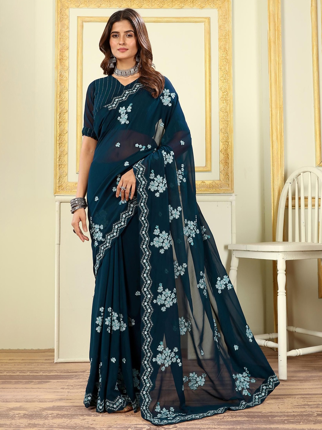 PATLANI STYLE Ethnic Motifs Embroidered Pure Georgette Saree, Teal