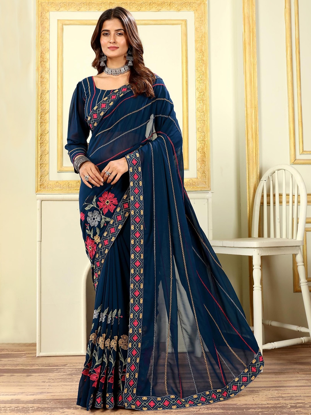 

PATLANI STYLE Ethnic Motifs Embroidered Pure Georgette Saree, Blue