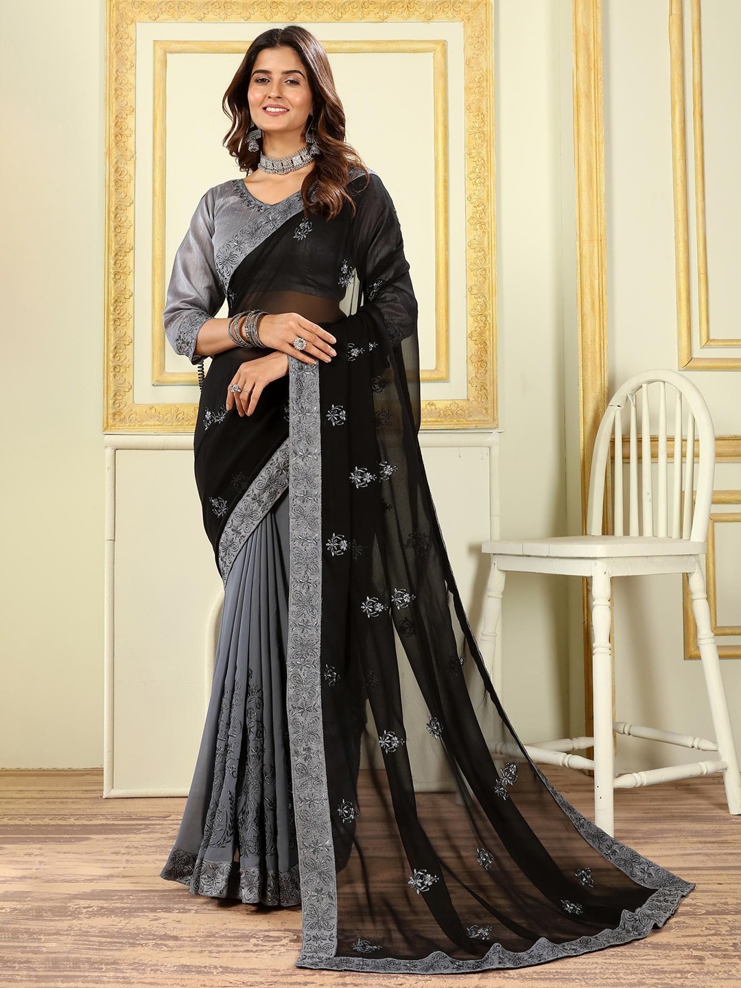 PATLANI STYLE Embellished Embroidered Pure Georgette Saree, Grey