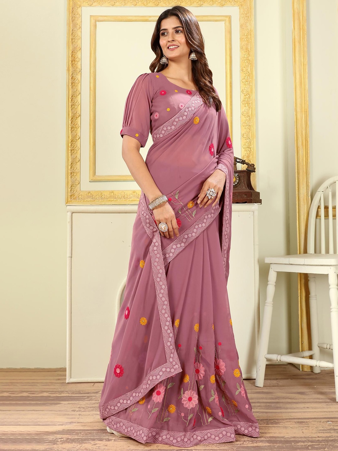 

PATLANI STYLE Ethnic Motifs Embroidered Pure Georgette Saree, Coffee brown