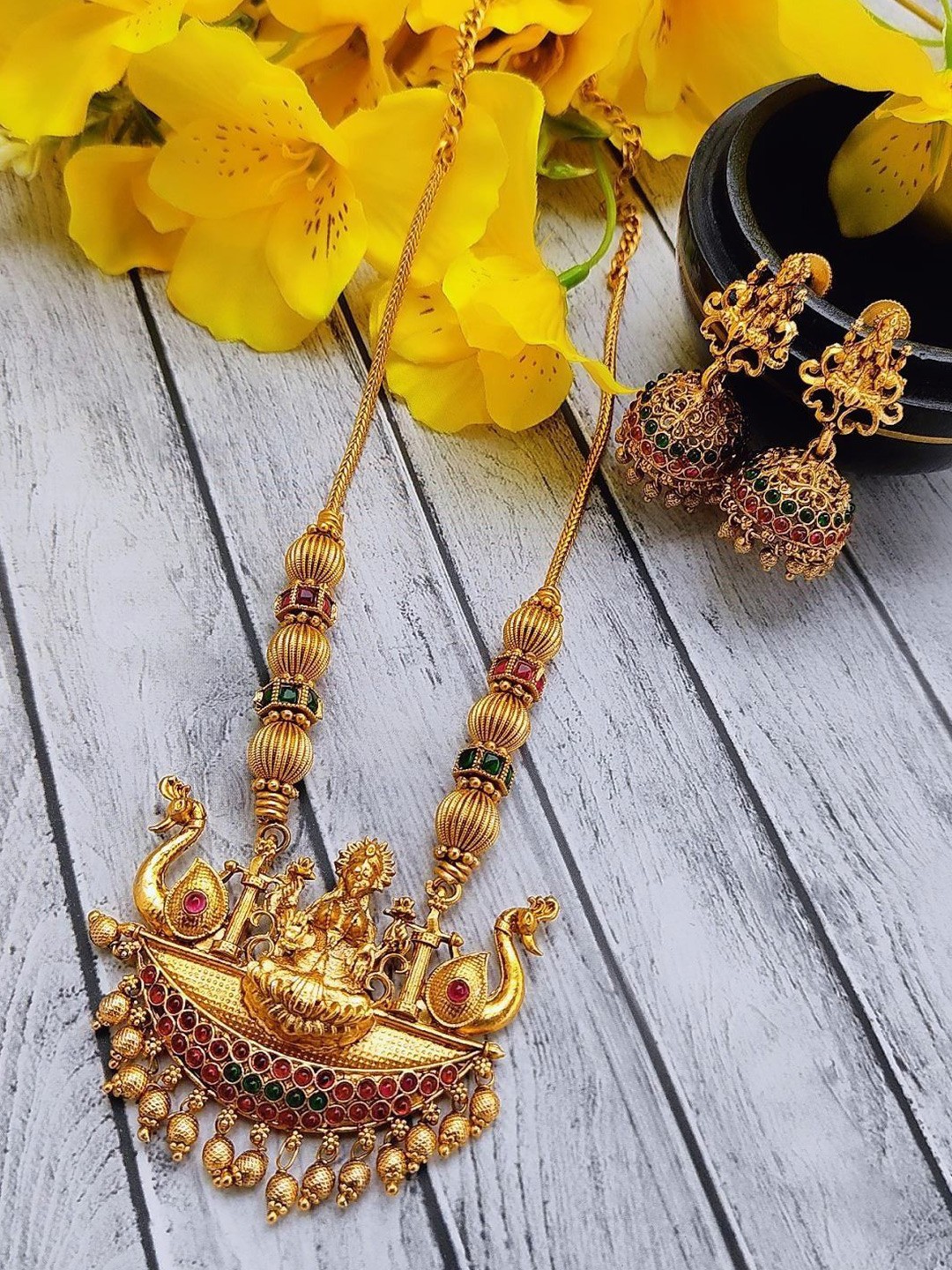 

Adc fashions Gold-Plated Stone Studded Temple Necklace & Earrings Set