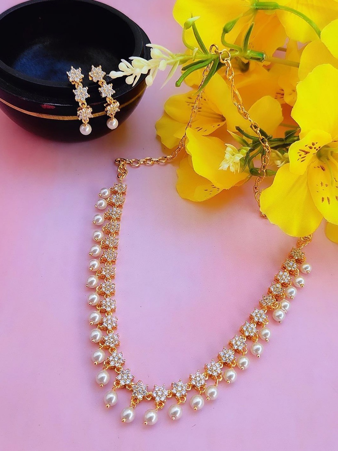 

Adc fashions Gold-Plated Stones-Studded & Beaded Jewellery Set, White