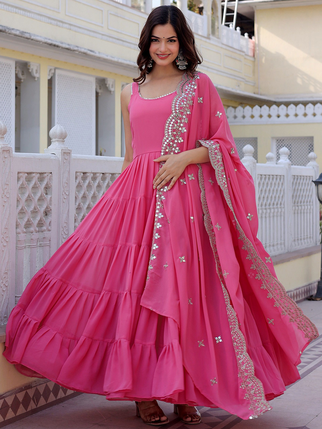 

Fashion Basket Embroidered Flared Maxi Ethnic Dress With dupatta, Pink