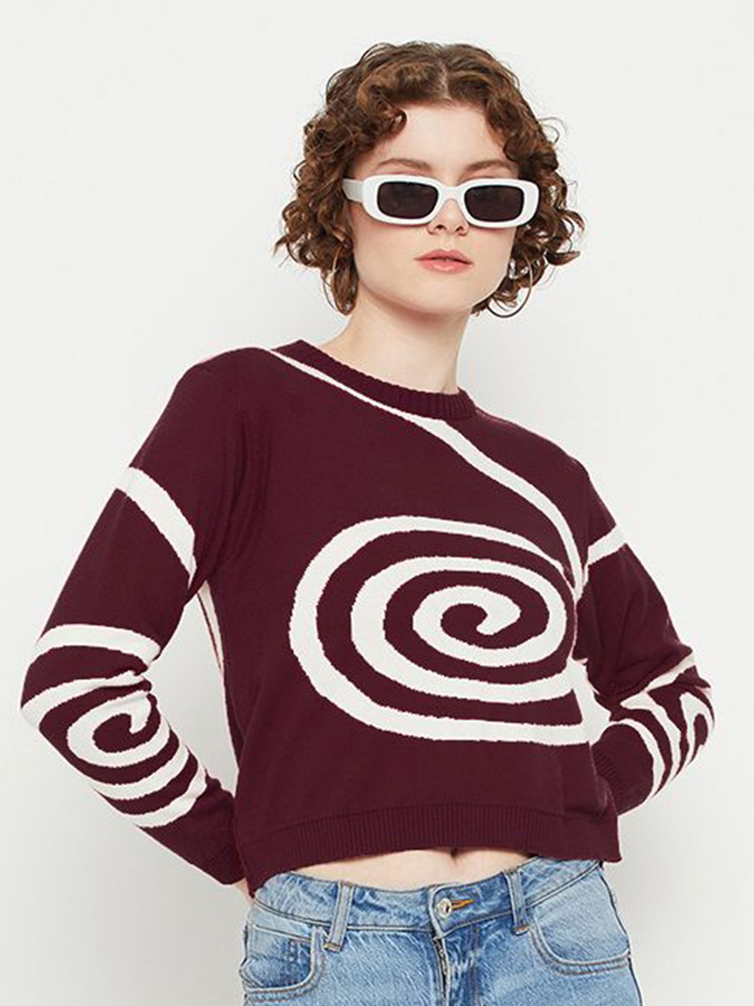 

KASMA Women Graphic Self Design Pullover Sweaters, Maroon