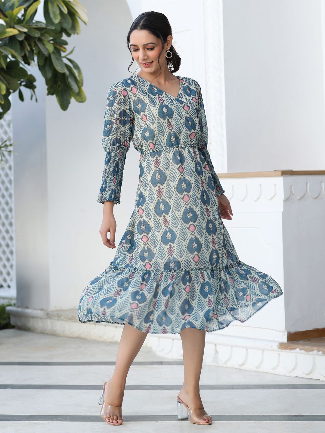 

Jaipur Kurti Floral Print V-Neck A-Line Midi Dress, Blue