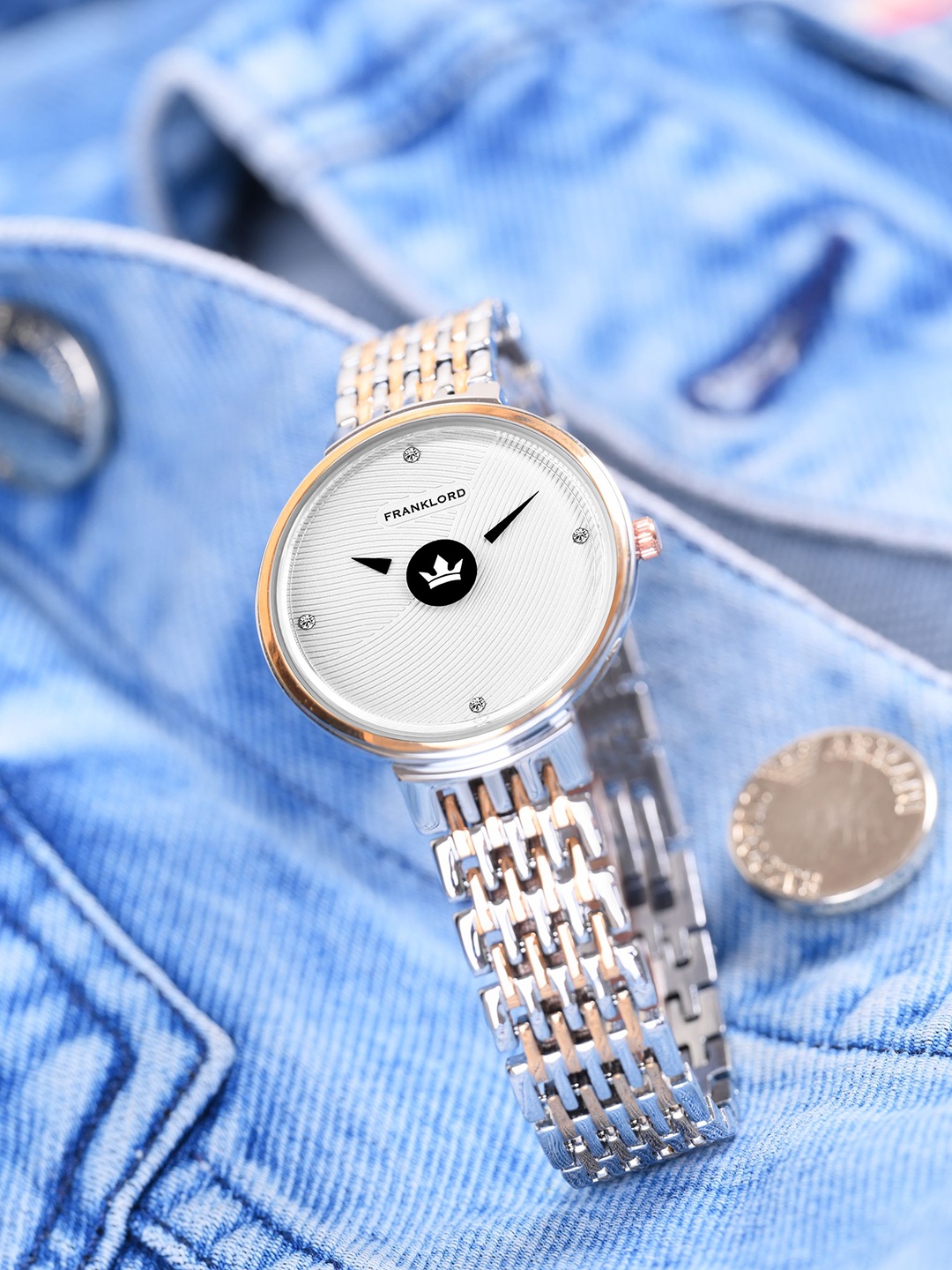 

Franklord Women Round Embellished Dial Textured Straps Analogue Watch F-119 SRTL, Silver