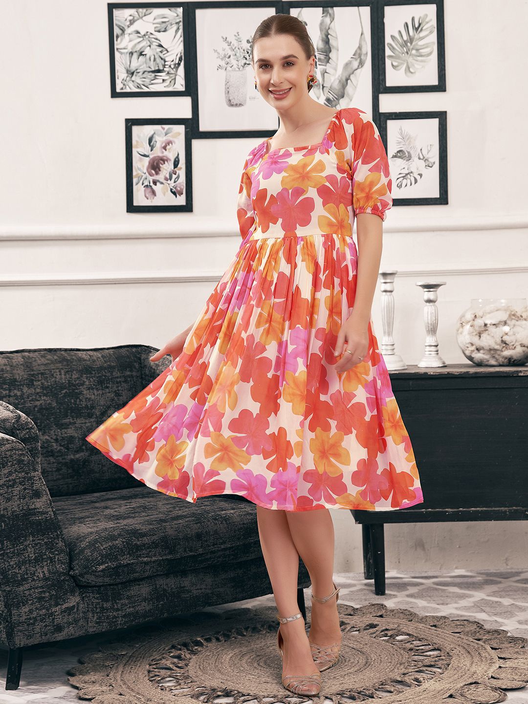 

Selvia Women Floral Print Georgette Fit & Flare Dress, Orange