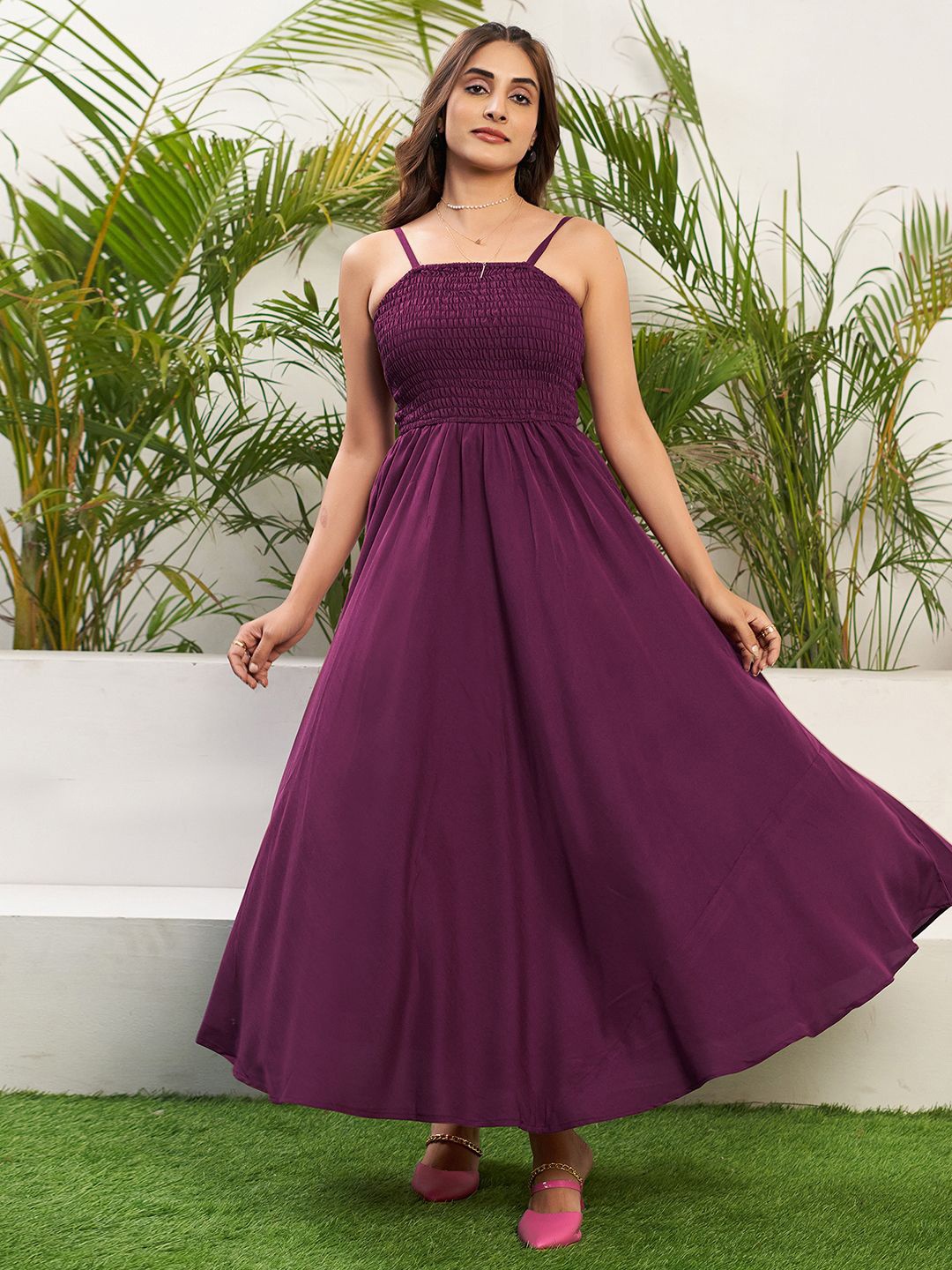 

Selvia Shoulder Straps Smocked Fit & Flare Maxi Dress, Purple