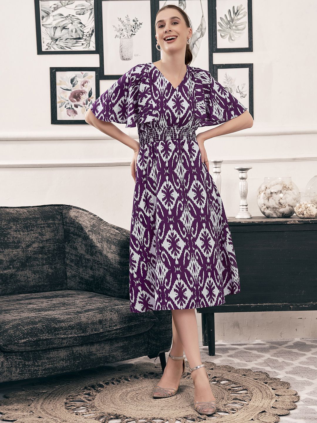 

Selvia Printed Flared Sleeve A-Line Midi Dress, Purple