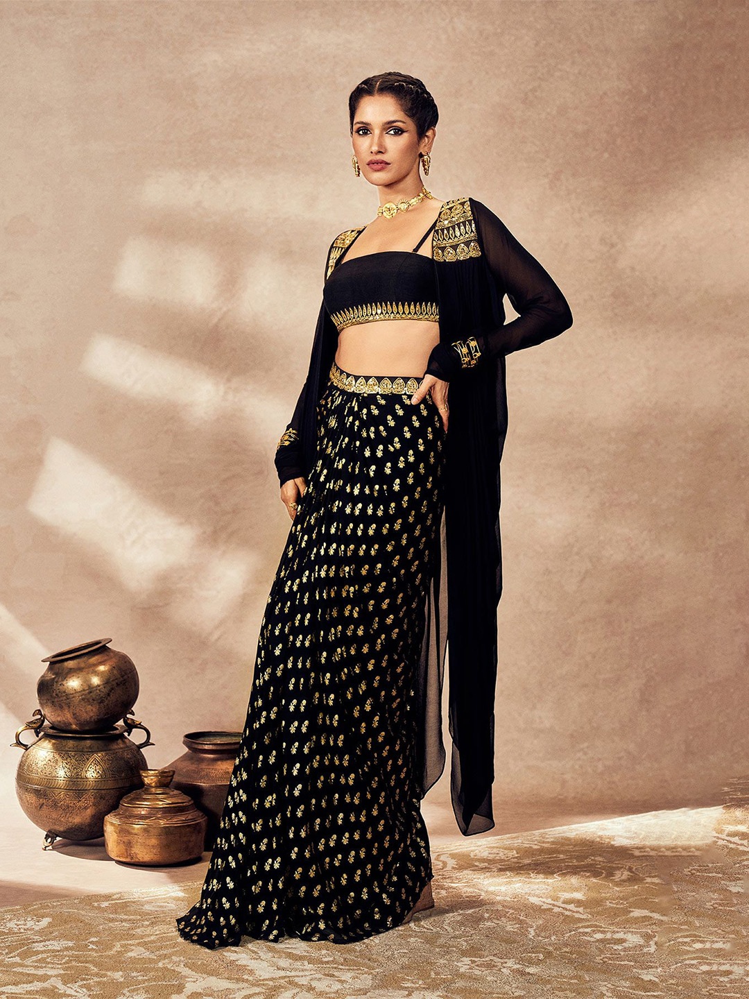 

Masaba Pixie Dust Embellished Shoulder Straps Top with Skirt & Shrug, Black