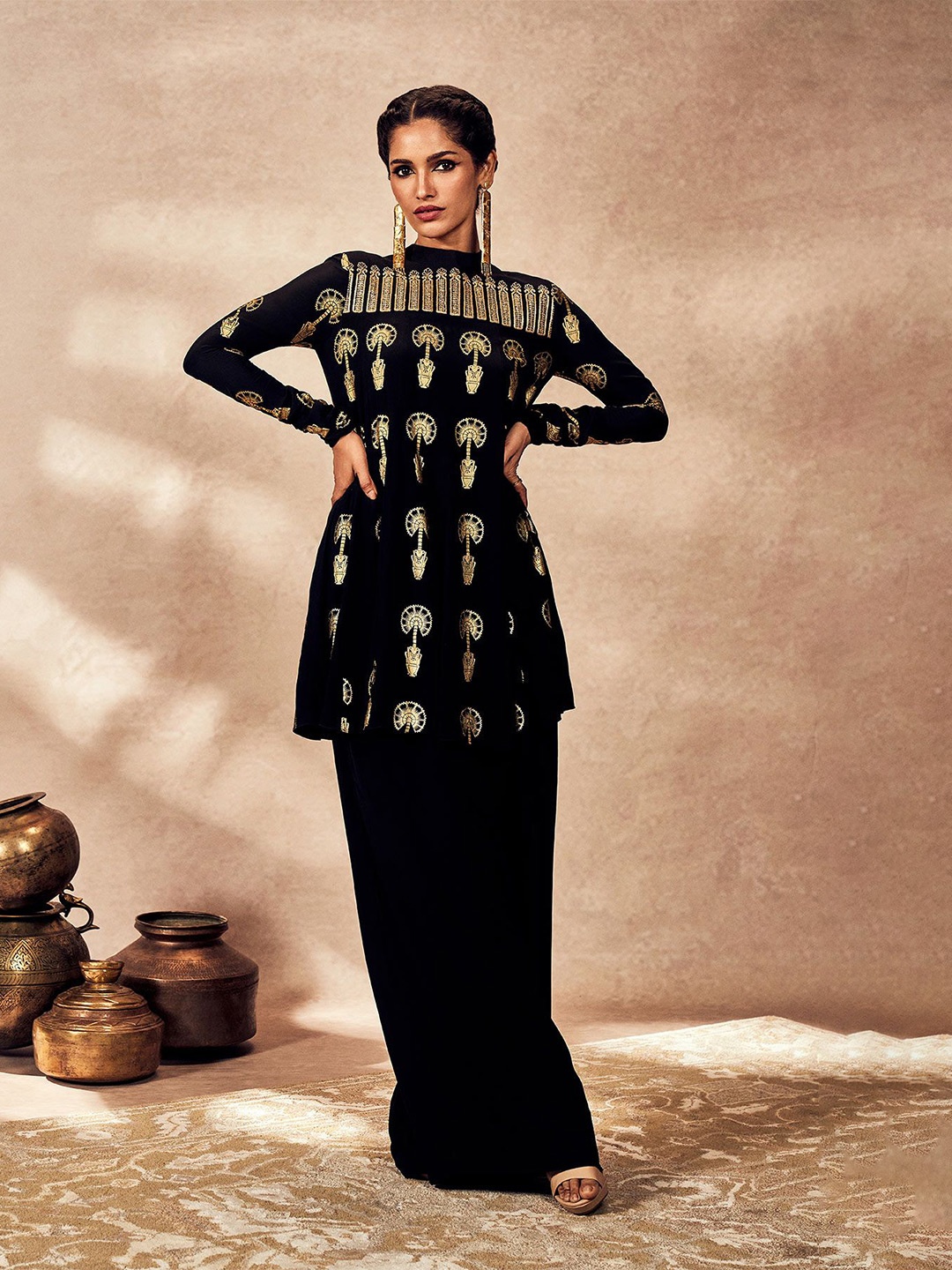 

Masaba Traveller's Palm Embellished Tunic & Palazzo, Black