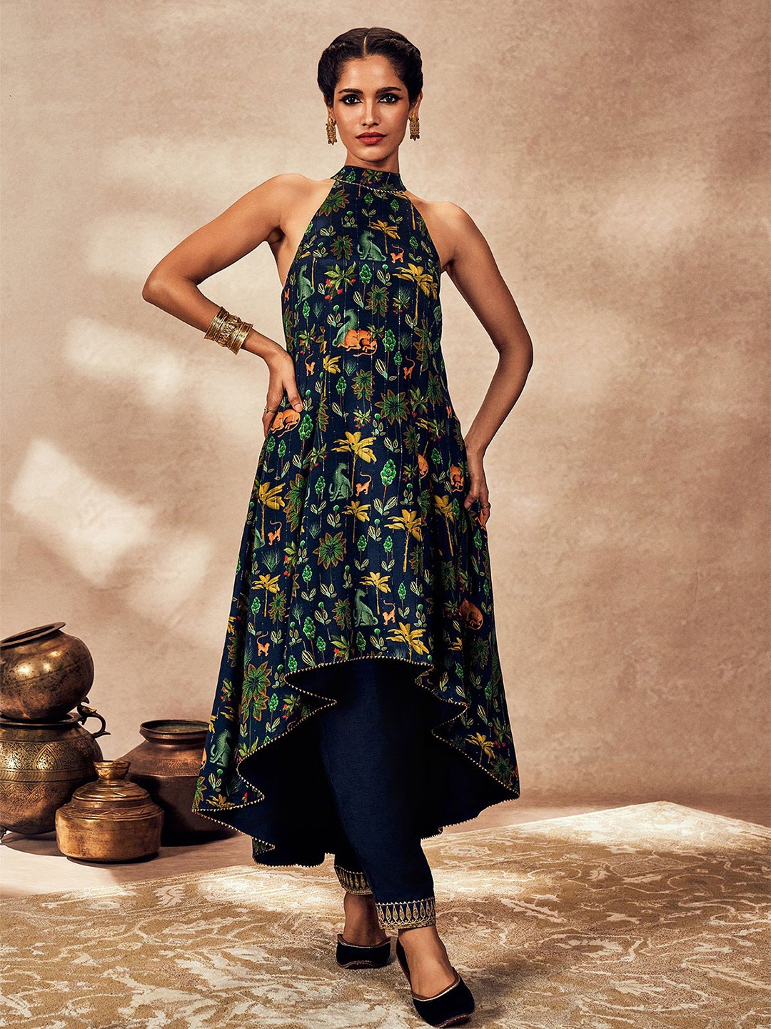 

Masaba Rhapsody Tropical Printed Halter Neck Tunic with Trousers, Blue