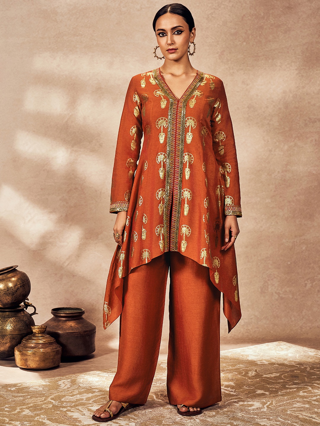 

Masaba Traveller's Palm Embellished V-Neck Tunic with Palazzos, Rust
