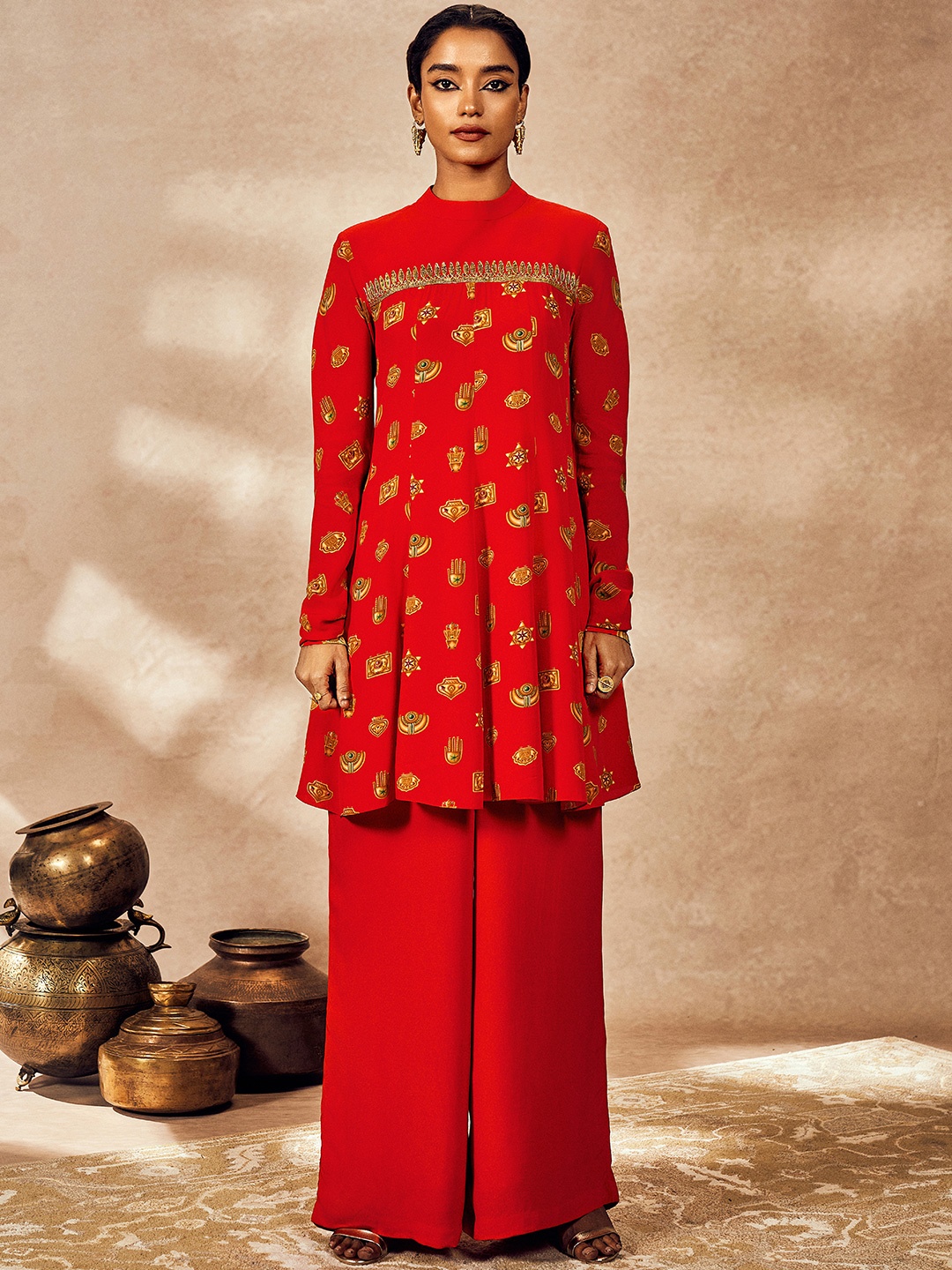 

Masaba Trinklets Embellished Mandarin Collar Tunic with Palazzos, Red