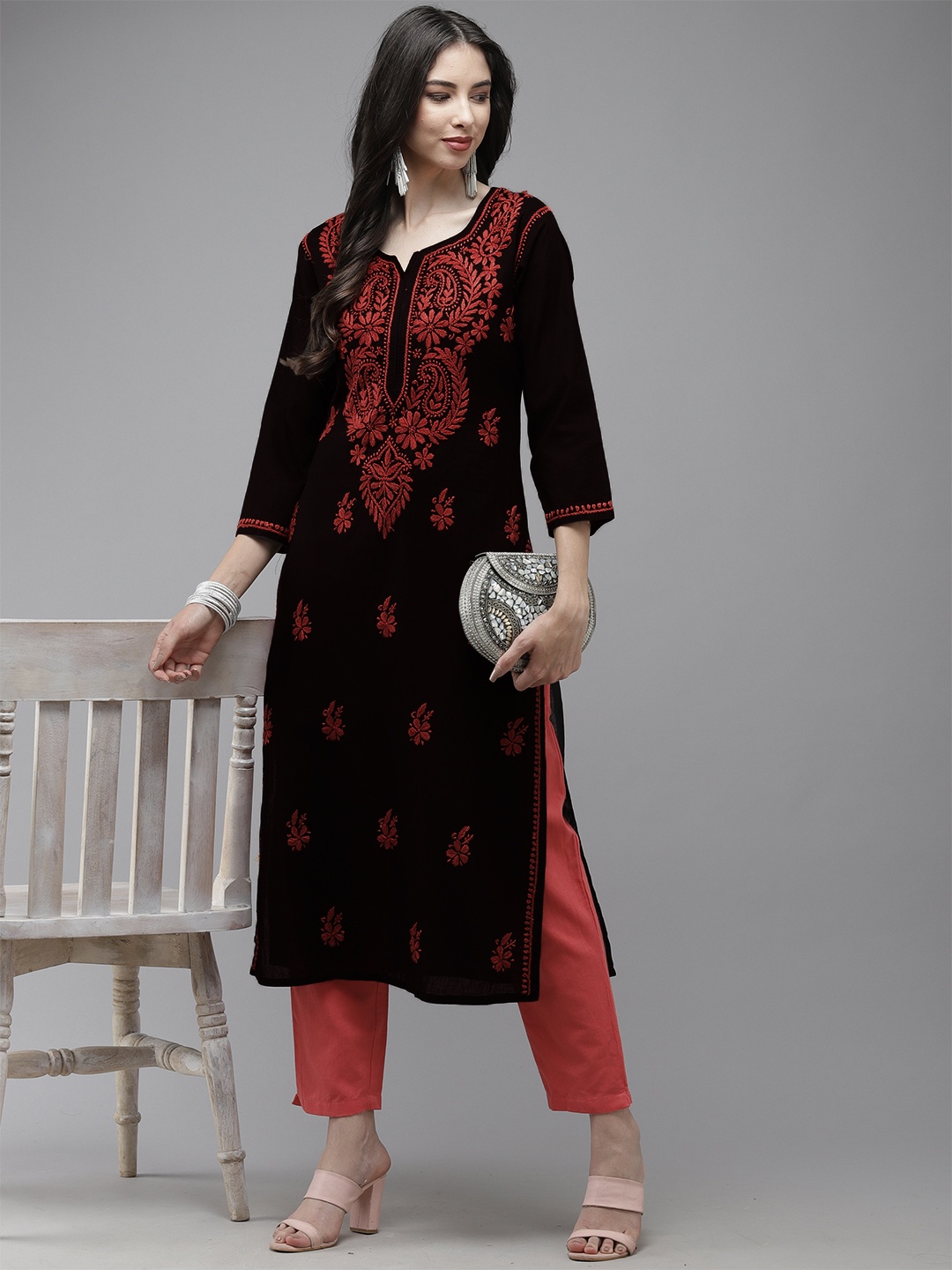 

ADA Ethnic Motifs Embroidered Notched Neck Thread Work Straight Kurta, Black
