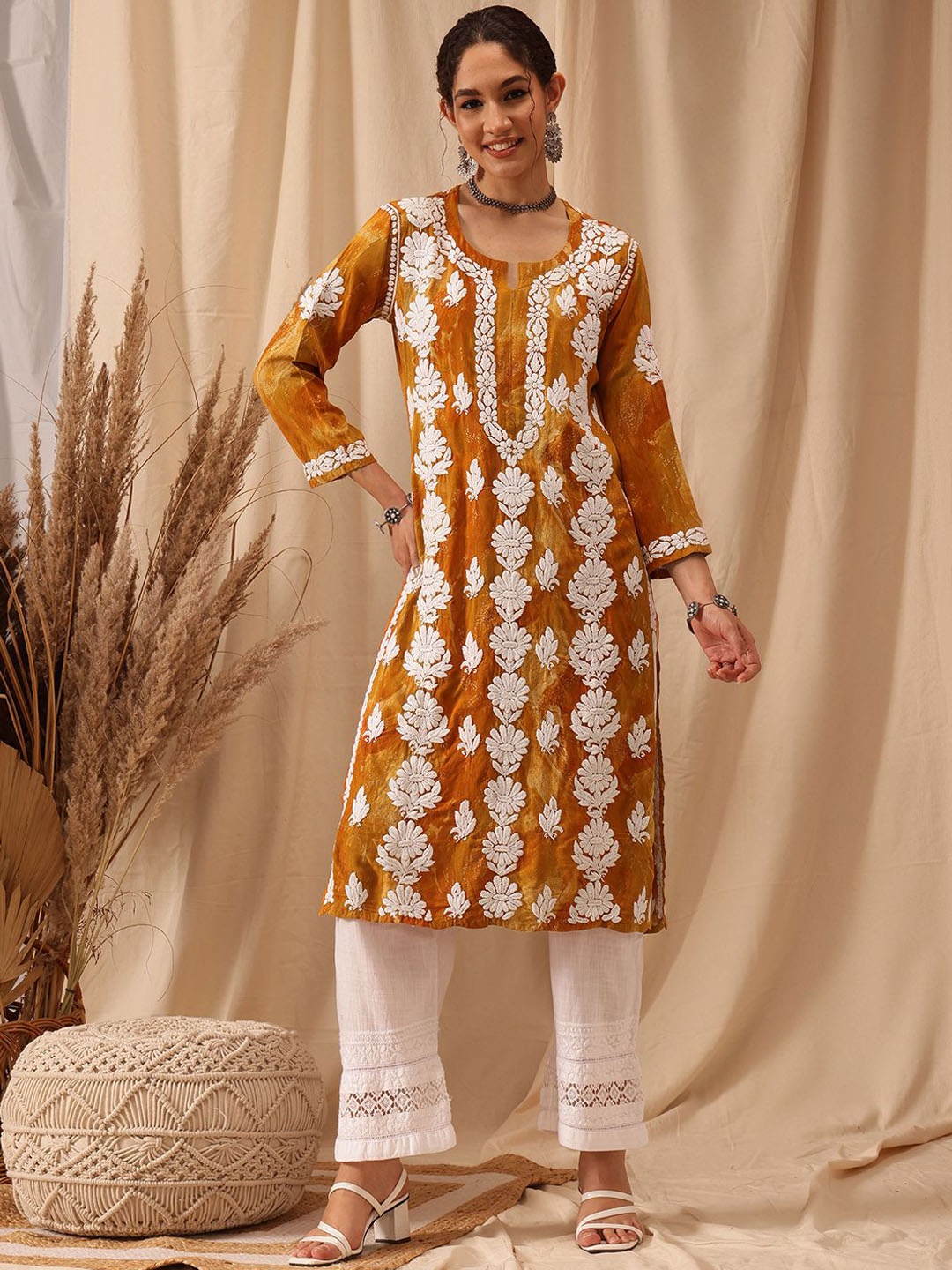 

ADA Floral Embroidered Notched Neck Chikankari Straight Kurta, Mustard