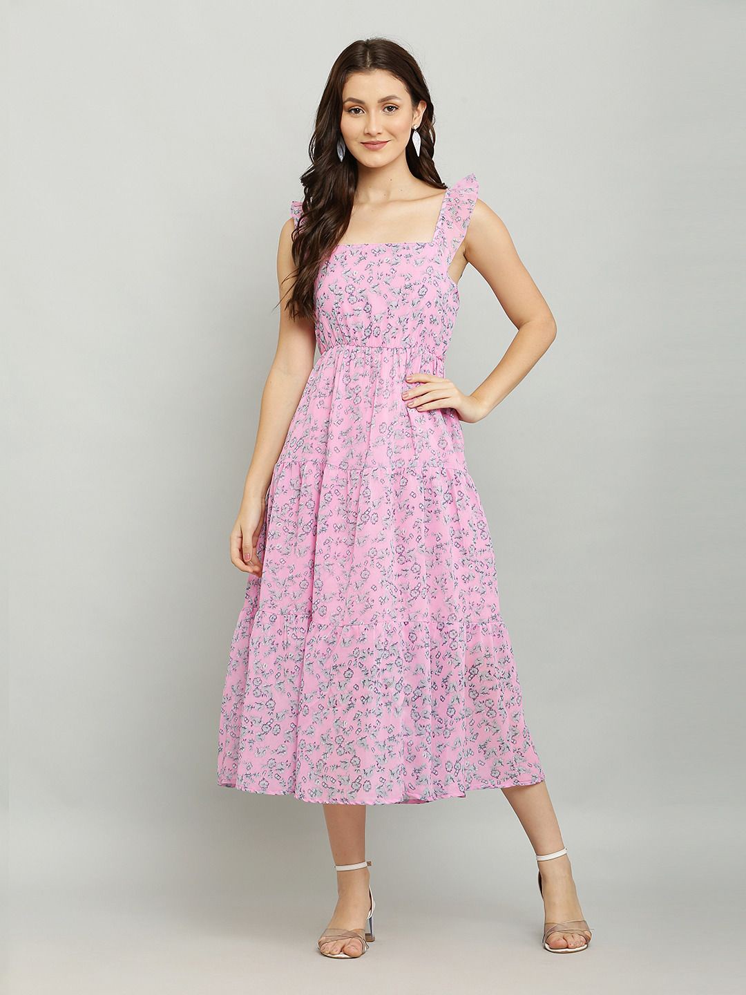 Absorbing Floral Print Georgette Fit & Flare Midi Dress, Pink