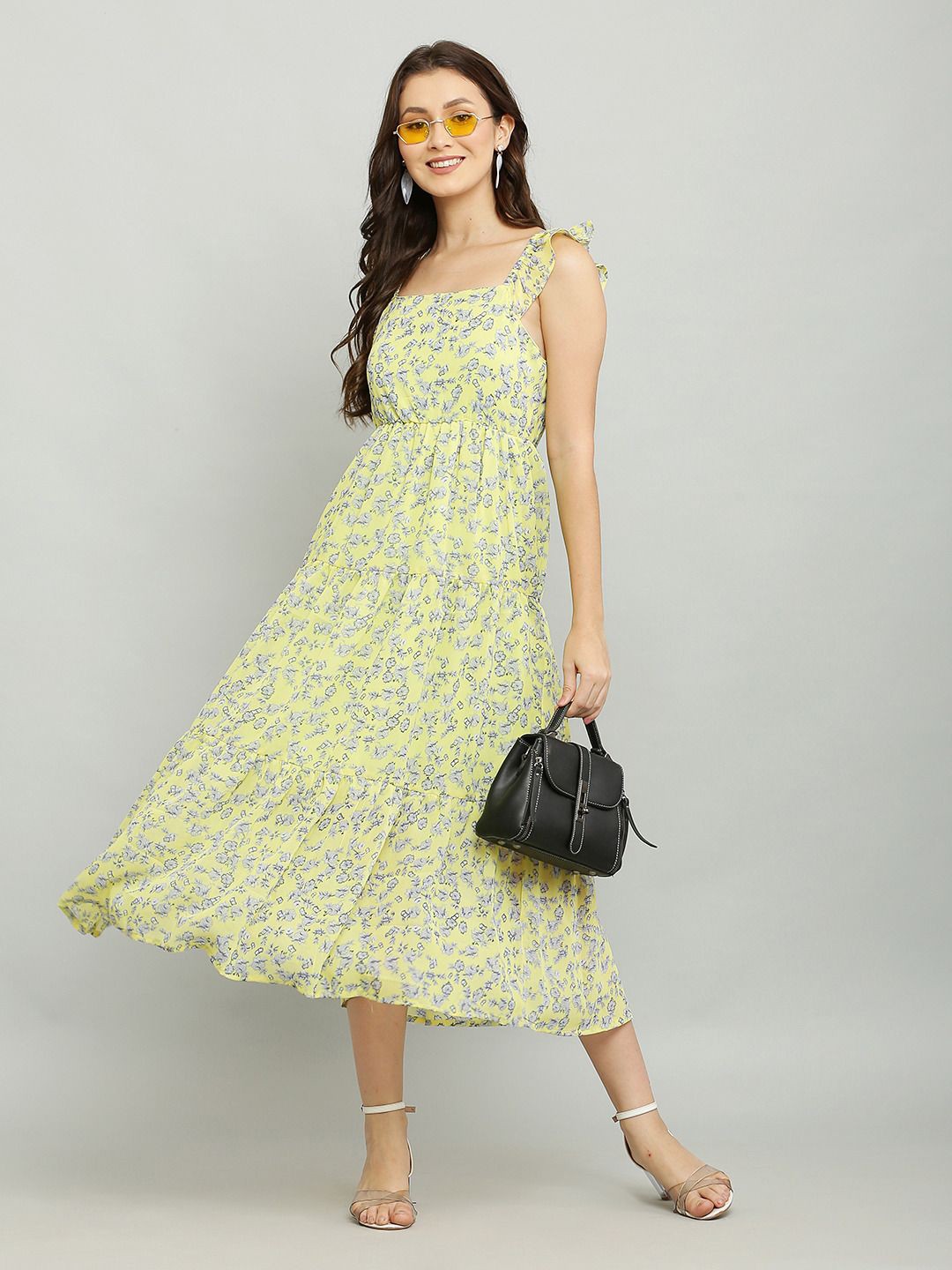 Absorbing Floral Print Georgette Fit and Flare Midi Dress, Yellow