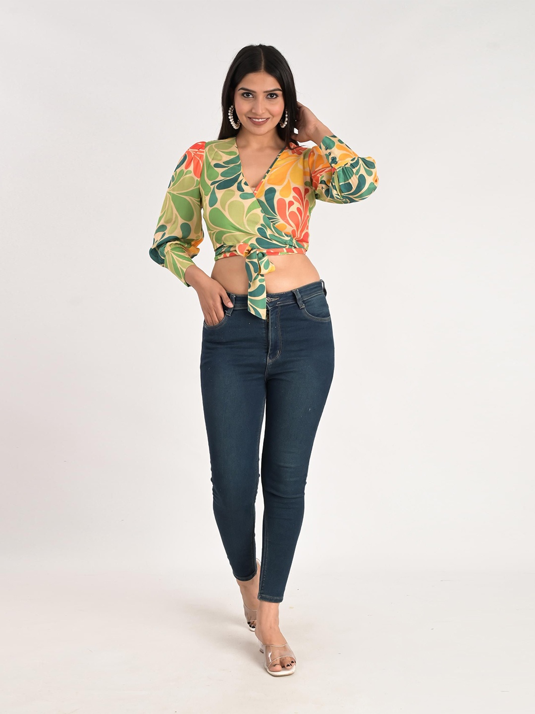 

KIZI Women Floral Printed Flared Sleeve Crop Top, Green