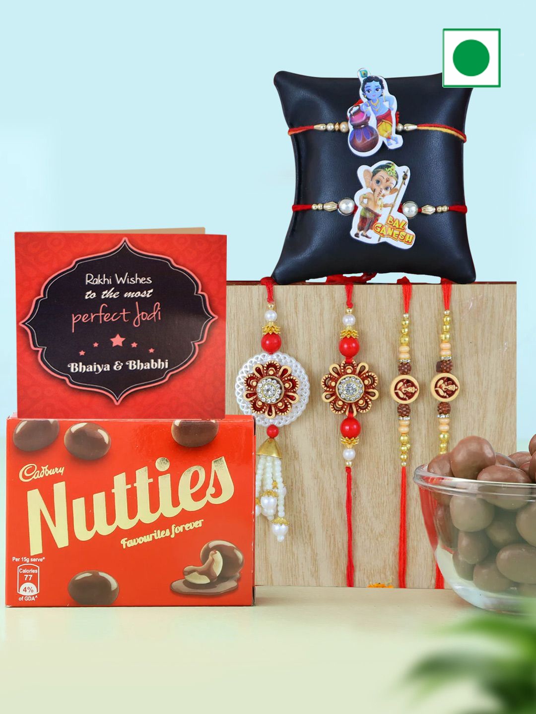 

TIED RIBBONS Set of 6 Rakhi & Chocolate, Red