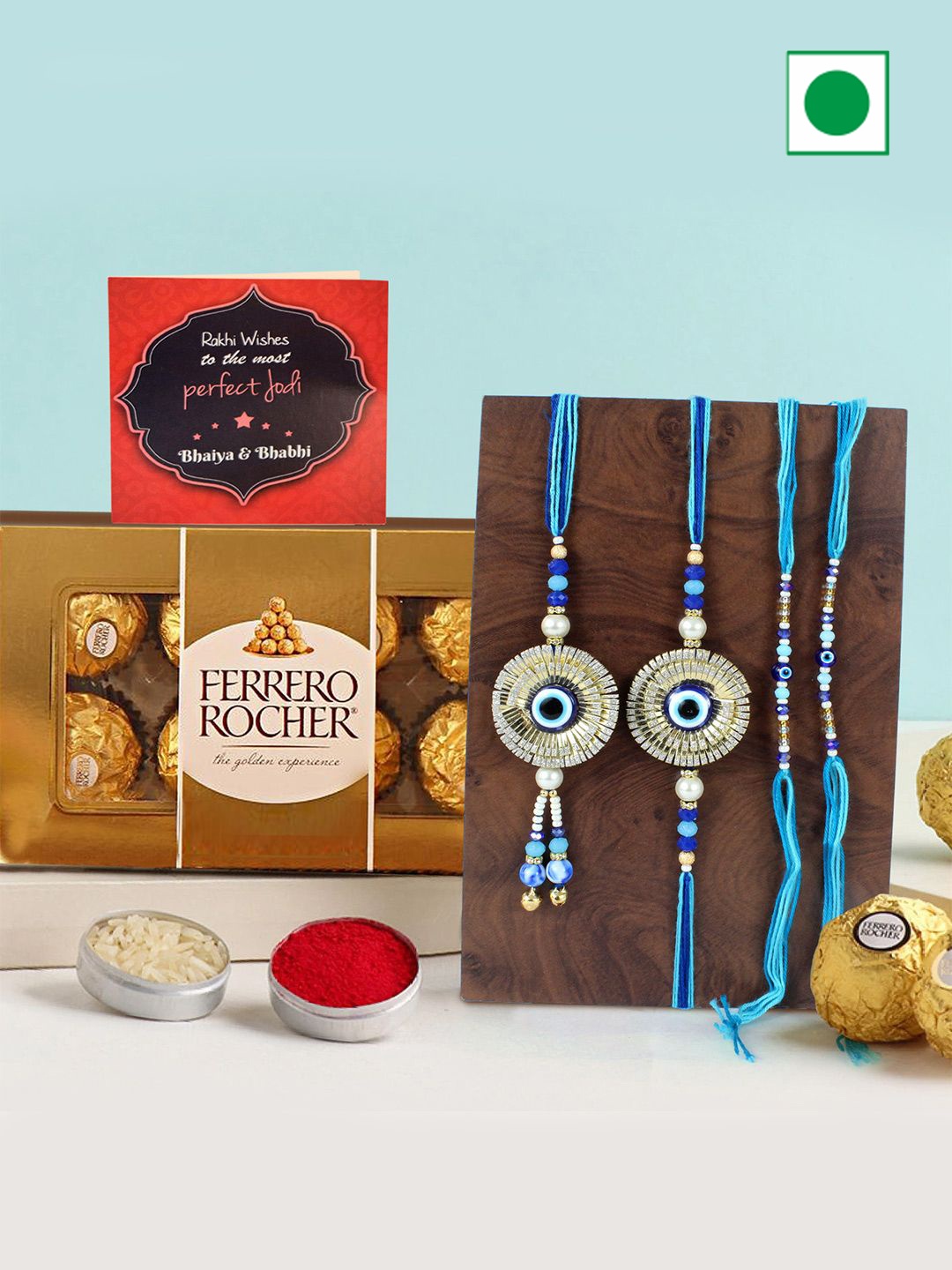 

TIED RIBBONS Set of 4 Beaded Rakhis with Chocolate & Roli Chawal with Card, Blue