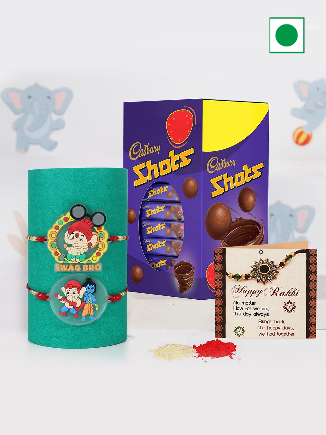 

TIED RIBBONS Set of 2 Ganesha Rakhis with Chocolate with Card & Roli Chawal, Red