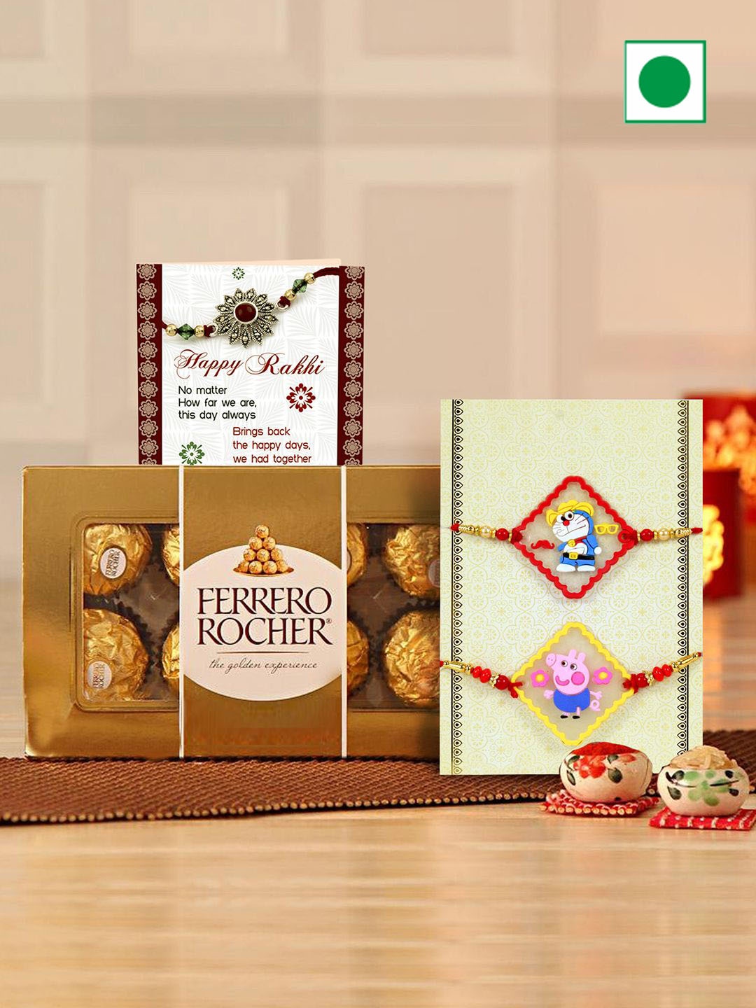 

TIED RIBBONS Set of 2 Peppa Pig Doraemon Rakhis with Chocolate & Card with Roli Chawal, Yellow