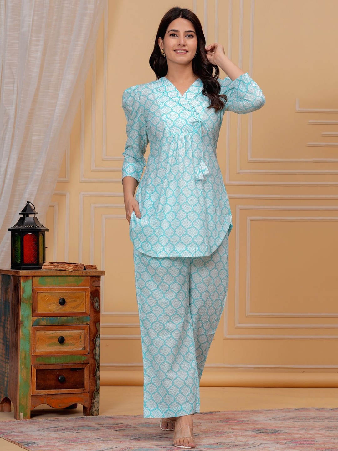 

EtnicaWear Printed V-Neck Pure Cotton Tunic with Trousers, Blue