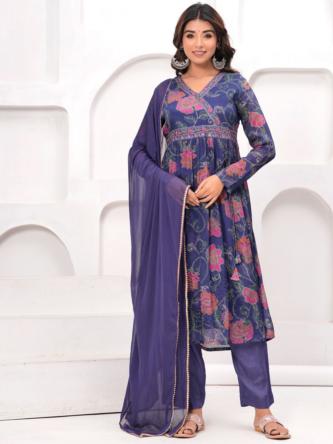 

EtnicaWear Floral Printed V-Neck Beads and Stones Anarkali Kurta with Trousers & Dupatta, Blue
