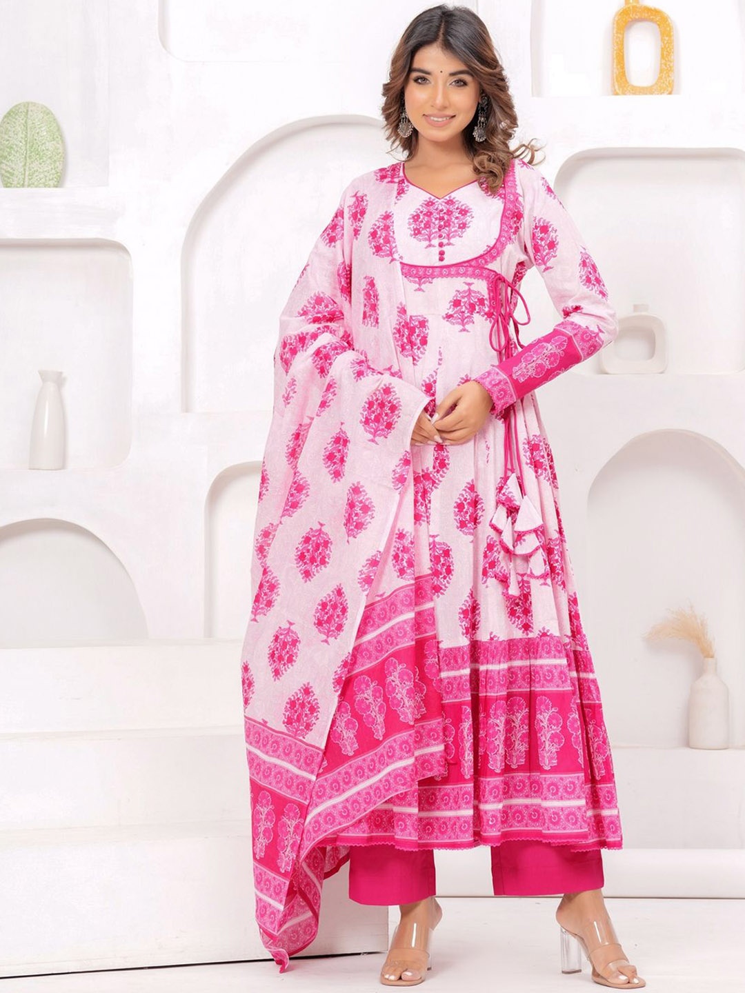 

EtnicaWear Floral Printed Beads and Stones Pure Cotton Kurta with Trousers & Dupatta, White