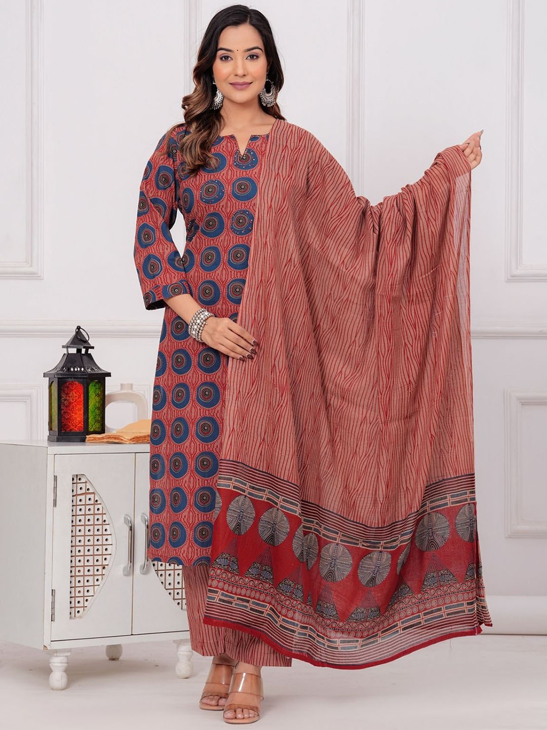 

EtnicaWear Geometric Printed Beads and Stones Pure Cotton Kurta with Palazzos & Dupatta, Maroon