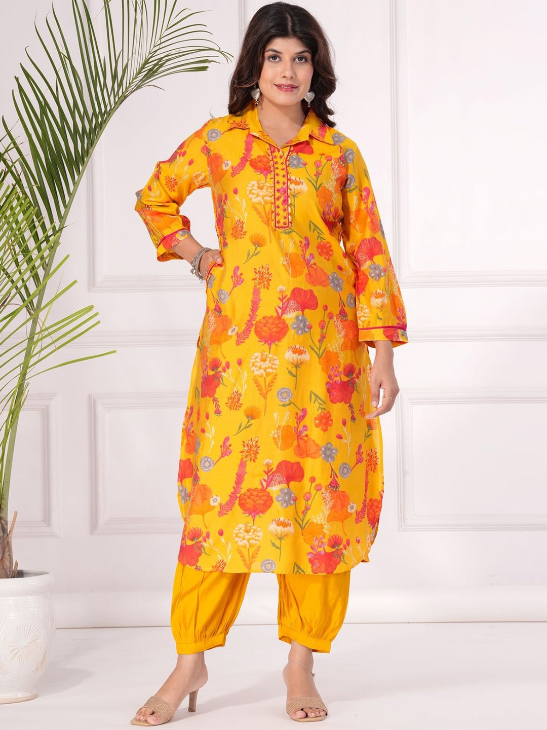

EtnicaWear Floral Printed Shirt Collar Beads and Stones Straight Kurta with Salwar, Yellow